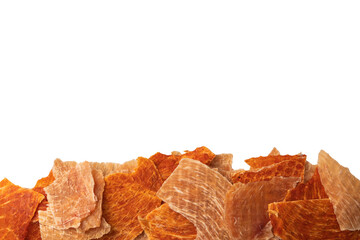 Group of tasty beer snacks. Dehydrated chicken meat slices.