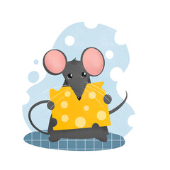 mouse illustration cute animal holding a piece of cheese isolated on white background. Mouse character holding happy on big cheese. For kid prints, textile, cards, logo. Welcome present concept - obrazy, fototapety, plakaty