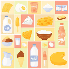 Dairy products set vector illustration. Cartoon milk in bottle and glass, package with fresh yoghurt, cottage cheese in bowl and ice cream, curd for healthy eating in geometric collage background