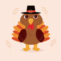 Cartoon turkey isolated on beige background. Thanksgiving card in hand drawn. Vector illustration. 