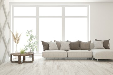 White living room with sofa. Scandinavian interior design. 3D illustration