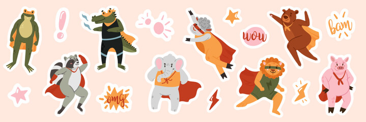 Cute superhero animals, funny stickers for kids set vector illustration. Cartoon adorable strong and brave zoo characters with costume, cape and mask fly, childish collection of happy heroes pets