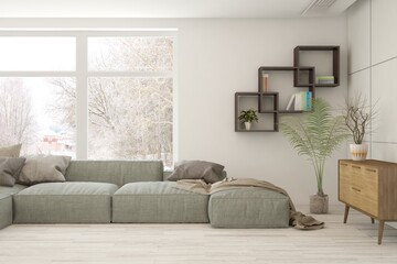 White living room with sofa and winter landscape in window. Scandinavian interior design. 3D illustration