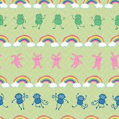 Rainbow Cloud Frog Bunny Rabbit Monkey Zigzag Seamless Pattern