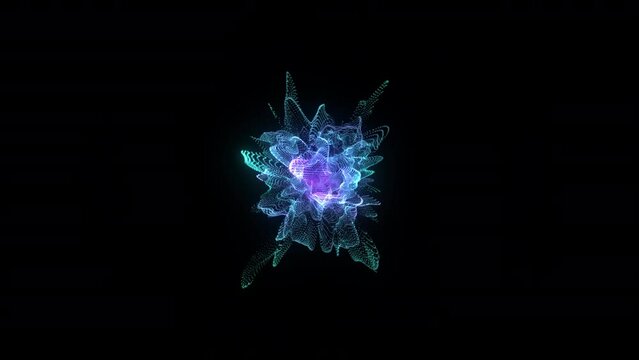 Explosion effect. Seamless loop. Neon dotts particles. Isolated on black. Abstract background. 4k footage. Blue color. 60 fps