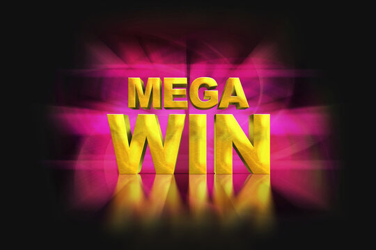 Mega win gold 3D letters on a black background. For games on a smartphone and slot machines or casinos. Used for advertising or as a call to action. 3D illustration