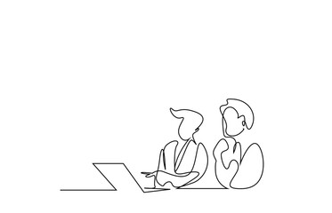 business people are analyzing and talking looking at desk laptop in office