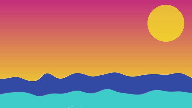 Wave motion animation. Summer colorful banner. Bright blue orange yellow magenta background. Pink orange sunset sky. Sea voyage. Carribean vacation. Blue Curacao cocktail in beach bar vibe