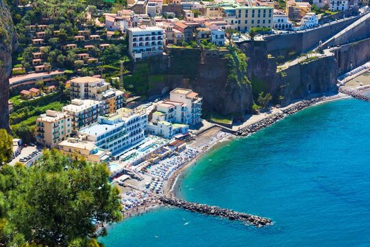 Aerial view of cliff coastline Meta di Sorrento and Gulf of Naples, Campania, Italy.