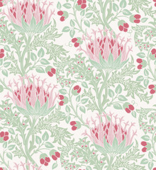 Floral seamless pattern with big red flowers and green foliage on light background. Pastel colors. Vector illustration. - 528190941