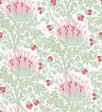 Floral seamless pattern with big red flowers and green foliage on light background. Pastel colors. Vector illustration.