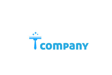 Modern minimal logo design for cleaning company. Cleaning of large buildings in blue tones with the glass cleaning tool consisting of the letter t