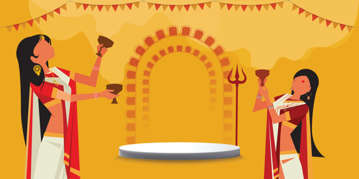 Devotees performing the traditional 'dhunuchi dance' which was organised at a Durga Puja Pandal - product podium