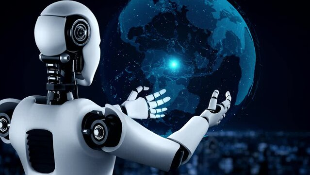 Futuristic robot artificial intelligence huminoid AI programming coding technology development and machine learning concept. Robotic bionic science research for future of human life. 3D rendering.