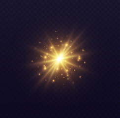 Star burst with sparkles, lens flare with particles, golden star explosion. Shining sun with fairy dust. Transparent vector light effect. - obrazy, fototapety, plakaty