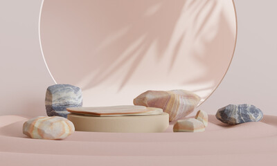 rock podium on sand background for product presentation. Natural beauty pedestal, 3d illustration.
