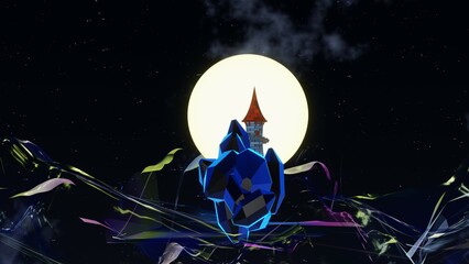 3D Halloween Hitnergrund Schloss Vollmond Landschaft