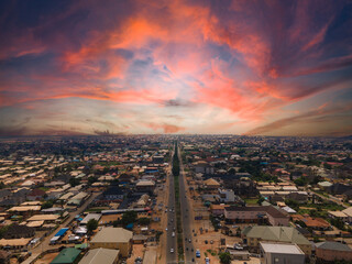 An overview of the city of Asaba, Delta, Nigeria at sunset