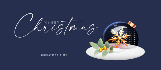 Happy New Year celebration template with glass glossy 3D ball and snow. Empty scene. Showcase