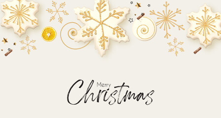 Fototapeta na wymiar Christmas design template with cookies and orange slices. Tasty winter space.