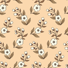 Seamless floral pattern with decorative plants in modern folk style. Romantic floral print, gentle botanical background with simple line art flowers branches, leaves on pink. Vector.