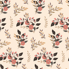 Seamless pattern with abstract botanical composition in vintage style. Romantic floral print, delicate surface design with wild plants, flowers, herbs, leaves on a pink background. Vector.