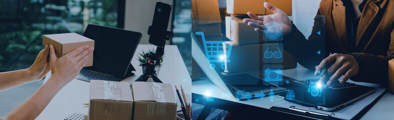 Startup small business entrepreneur or freelance Asian woman using a laptop with box, Young success Asian woman with her hand lift up, online marketing packaging box and delivery, SME concept.