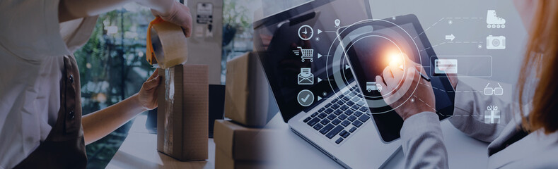 Fototapeta premium Startup small business entrepreneur or freelance Asian woman using a laptop with box, Young success Asian woman with her hand lift up, online marketing packaging box and delivery, SME concept.