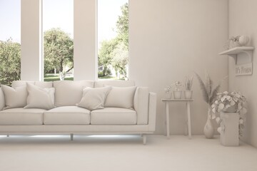 Mock up of stylish room in white color with sofa and green landscape in window. Scandinavian interior design. 3D illustration