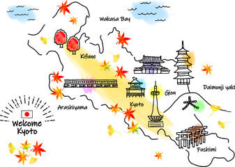 Fototapeta premium 秋の京都の観光地シンプル線画イラストマップ