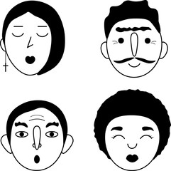 Faces. Image of faces. A network of people of different genders and ages. Monochrome avatars. Black and white images of faces. Vector illustration on a white background