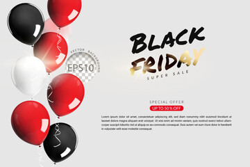 Black friday super sale concept, red black and white balloon with rope floating on white background, horizontal layout. 3d realistic vector illustration