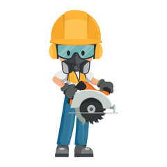 Industrial cabinetmaker or carpenter worker in his personal protective equipment using a circular woodcutter. Industrial safety and occupational health at work