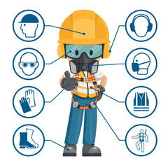 Construction industrial worker with personal protective equipment and icons, safety pictograms. Industrial safety and occupational health at work