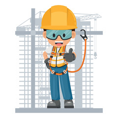 Construction industrial worker with personal protective equipment, safety harness and lifeline on a scaffold. Industrial safety and occupational health at work - obrazy, fototapety, plakaty