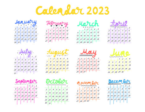 Calendar 2023 with hand drawn months and doodle decoration. Playful calendar template on white background. Week starts on Monday. Vector illustration