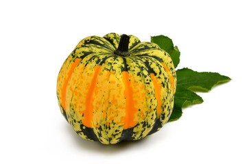 ripe edible pumpkin with green leaves isolated on white background