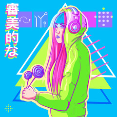 Conceptual art of a girl in green hoodie wearing headphones on a virtual reality world. Science fiction background with triangles and chinese words.