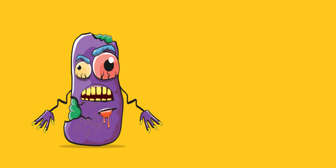 vector funny cartoon spooky violet zombie potato character isolated on orange background. Zombie potato vector concept halloween background and label. Dead monster vegetable funky character