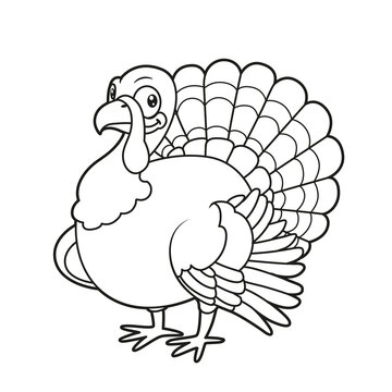 Cute cartoon turkey outline coloring page on a white background