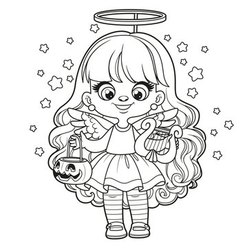 Cute cartoon long haired girl in Halloween angel dress with harp outlined for coloring page on white background