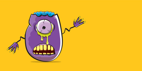 vector funny cartoon spooky violet zombie potato character isolated on orange background. Zombie potato vector concept halloween background and label. Dead monster vegetable funky character