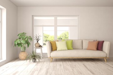 White living room with sofa. Scandinavian interior design. 3D illustration