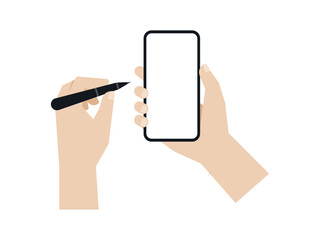 Hand holding a smartphone while use stylus pencil, Vector.