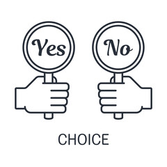  Yes No question. Choice hesitate, dispute, opposition,  dilemma, opponent view. Vector linear icon isolated on white background.