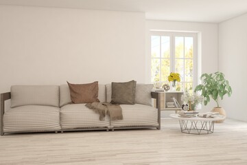 Stylish room in white color with sofa and autumn landscape in window. Scandinavian interior design. 3D illustration