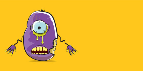vector funny cartoon spooky violet zombie potato character isolated on orange background. Zombie potato vector concept halloween background and label. Dead monster vegetable funky character