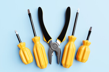 3D illustration of a yellow  screwdrivers and pliers in cartoon style on a monochrome  isolated background. Hand carpentry tool for DIY shop.