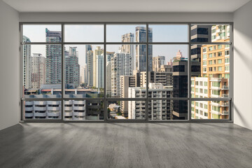 Empty room Interior Skyscrapers View Bangkok. Downtown City Skyline Buildings from High Rise Window. Beautiful Expensive Real Estate overlooking. Day time. 3d rendering.