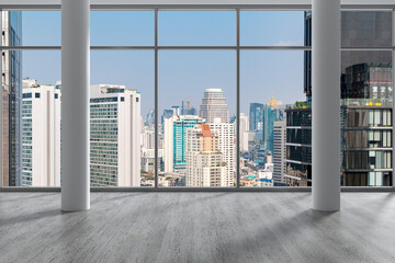 Empty room Interior Skyscrapers View Bangkok. Downtown City Skyline Buildings from High Rise Window. Beautiful Expensive Real Estate overlooking. Day time. 3d rendering.